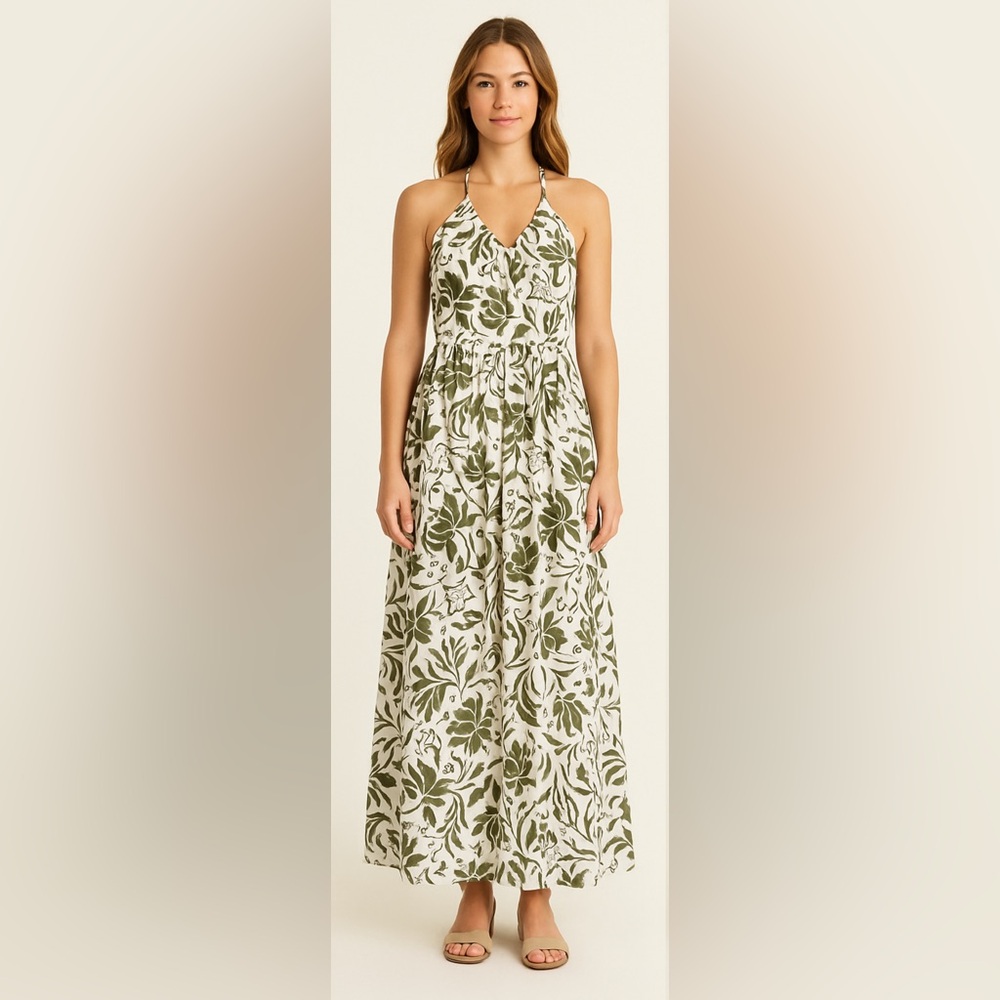 1.STATE Sea Spray Floral Tropical Halter Maxi Dress Size XS 100% Cotton NWT - Picture 1 of 10